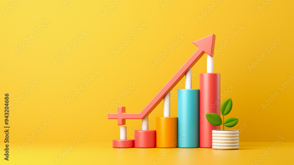 Poster a vibrant bar graph on a bright yellow backdrop shows rising performance metrics, highlighted by a p