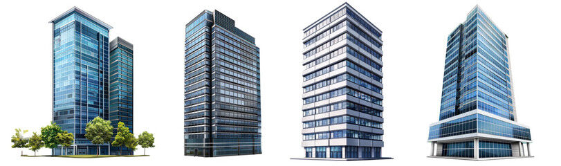 Collection of tall office building realistic image on white or transparent background