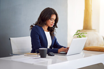 Research, typing or businesswoman in office on laptop for consulting online, feedback or policy...