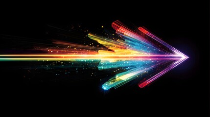 Fototapeta premium 2. **Create an image of a colorful, glowing arrow made from intersecting light beams, prominently pointing right in the center of a black canvas. The arrow's fluid and dynamic design evokes a sense
