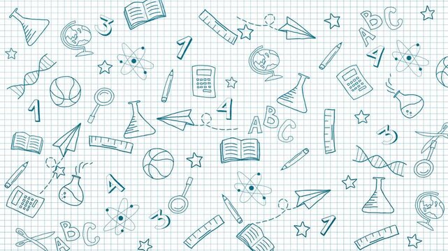 Education school outline line doodle cartoon icon on white sheet of paper from notebook into cell. Loop animation background.