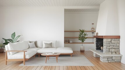 A Scandinavian-style living room with a white corner sofa placed near a stone fireplace, wooden floor and white walls, a few decorative items, including a plant and a wooden shelves.