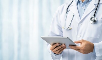 doctor using digital tablet in modern healthcare setting - close up of hands holding device - medical professional with stethoscope - technology and medicine