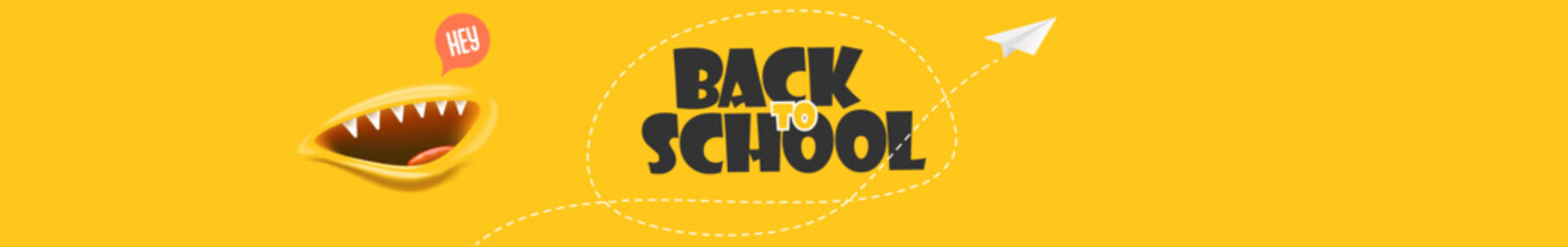 Back To School wide banner design template with funny smiling monster mouth and flying paper plane. Orange welcome back to school wide background, poster, flyer, cover and sticker
