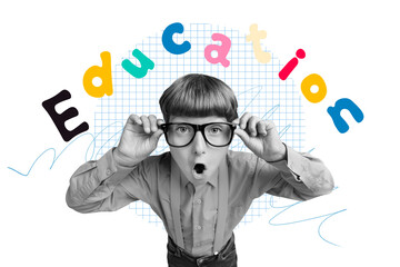 Composite photo collage of astonished geek boy nerd hold glasses education concept knowledge study...