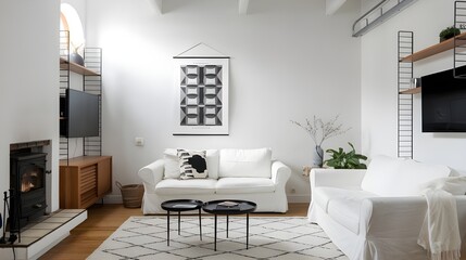 Fototapeta premium A Scandinavian minimalist style living room, two white sofas, a fireplace, white walls, a wooden cabinet.