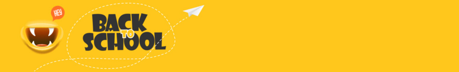 Back To School wide banner design template with funny smiling monster mouth and flying paper plane. Orange welcome back to school wide background, poster, flyer, cover and sticker