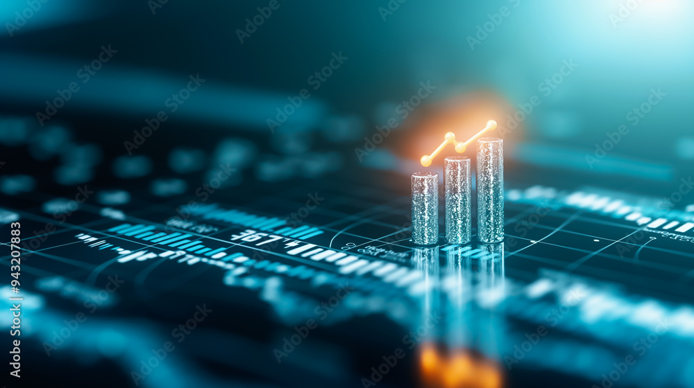 Poster the visual shows three metallic bar graphs rising against a backdrop of digital data, symbolizing fi