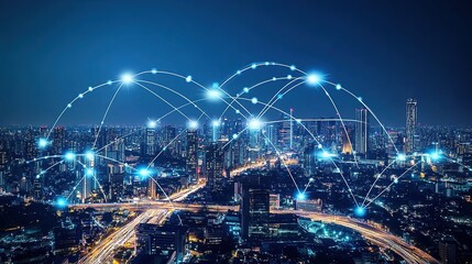 Smart city and communication wireless network 5G. Rounded abstract cityscape network connection, internet and global connection concept. copy space for text.