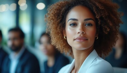 Obraz premium Businesswoman leading a meeting in a contemporary office, with a team of colleagues listening attentively, Dynamic, Professional, High Energy