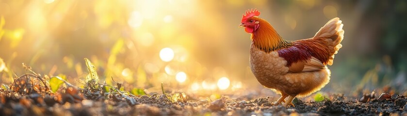 Fototapeta premium Chicken pecking at the ground in a sunny farmyard, with feathers glowing in the sunlight, Bright, Detailed, Atmospheric