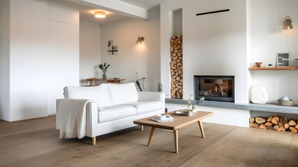 A minimalist Scandinavian-style living room with a white sofa, a blanket, a wooden coffee table and  a stack of firewood.