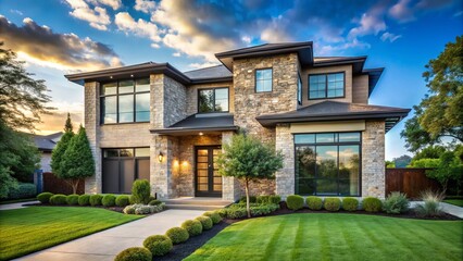 Modern suburban residence with sleek stonework, manicured lawn, and large windows in an upscale Dallas neighborhood under a bright blue Texas sky.