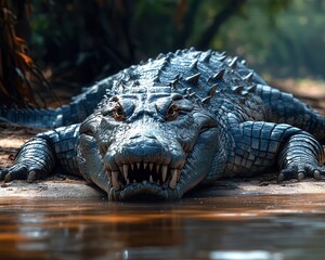Fototapeta premium Crocodile basking on the banks of a river, with sharp teeth and a powerful presence, Intense, Cool Tones, Detailed