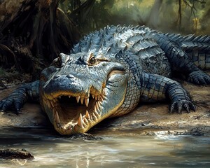 Fototapeta premium Crocodile basking on the banks of a river, with sharp teeth and a powerful presence, Intense, Cool Tones, Detailed