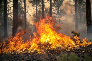 Wildfire Blaze in Forest with Heavy Smoke and Flaming Underbrush Near Tall Pine Trees