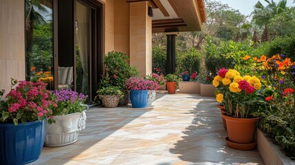 Fototapeta premium Outdoor Patio with Flowers in Pots