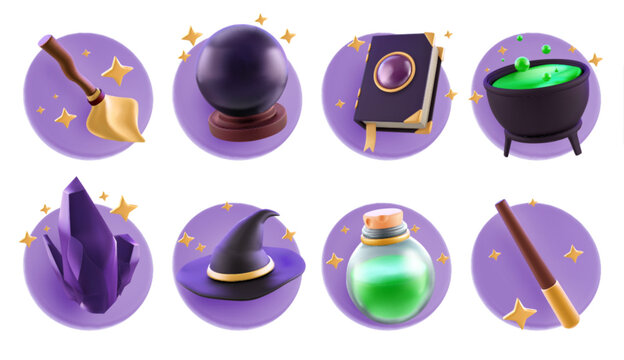3d magic game icons. Collection of wizard elements and tools - broomstick and sorcery wand, spell book and fortune teller sphere, green potion in cauldron and glass bottle, witch hat and crystal.