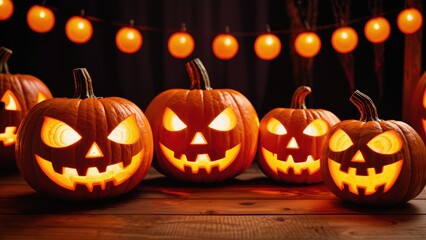 Fototapeta premium Spooky jack-o-lantern pumpkins glowing with orange lights for Halloween night
