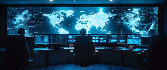 High-tech command centers monitor global operations on screens