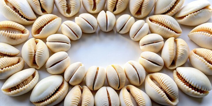 * On a subtle background, cowrie shells with velvety white surfaces and brown, tooth-like ridges are arranged in a symmetrical circle.