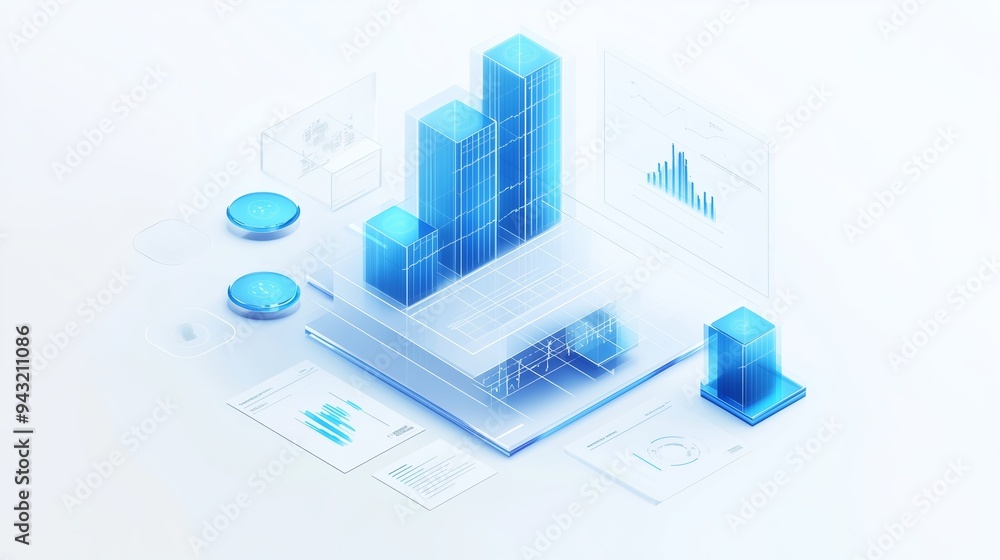 Poster visual representation of blue digital graphs and charts illustrating data trends and analysis in a m