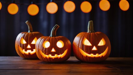 Fototapeta premium Variants of jack-o'-lantern pumpkins illuminated for Halloween in cozy setting
