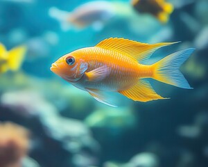 Fish swimming gracefully in a clear aquarium, with vibrant colors and gentle movements, Serene, Cool Tones, Detailed