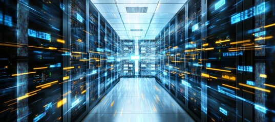 Futuristic Server Room Digital Information Flow in a Data Center Corridor, Technology Concept