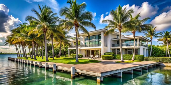 Palm trees sway in front of a modern, luxurious beachside mansion with a private dock and stunning ocean views in sunny Florida.