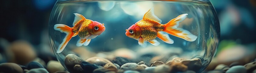 Fototapeta premium Goldfish swimming in a bowl, with gentle movements and a peaceful presence, Serene, Cool Tones, Detailed
