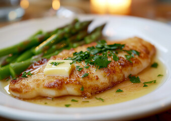 Pan-seared fish with butter sauce and asparagus