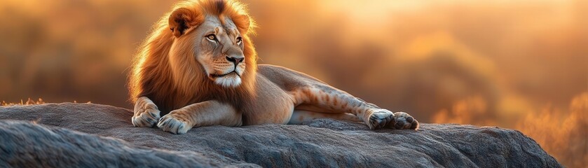 Fototapeta premium Lion resting on a rock in the golden hour, with a proud and regal expression, Majestic, Warm Tones, Detailed