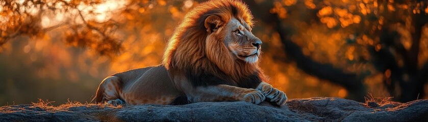 Lion resting on a rock in the golden hour, with a proud and regal expression, Majestic, Warm Tones, Detailed