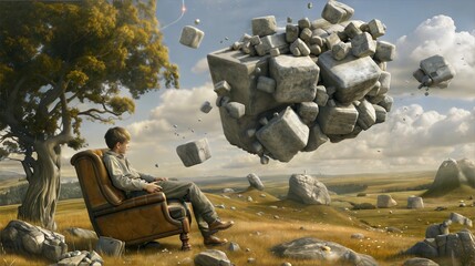 Surreal Landscape with Floating Cubes and Seated Boy in Dreamlike Scene