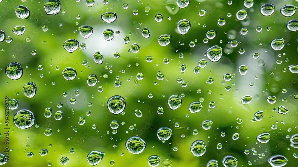 Aufkleber raindrops cling to a glass window, creating intricate patterns while green trees shimmer softly in t