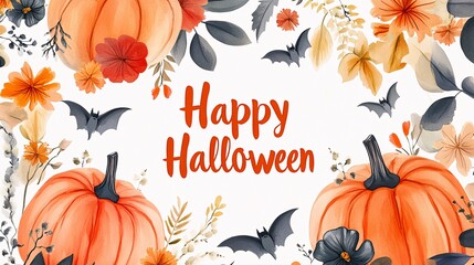 a happy halloween illustration with a pumpkins, bats and autumn plant elements