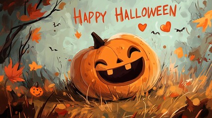 a happy halloween illustration with a laughing pumpkin