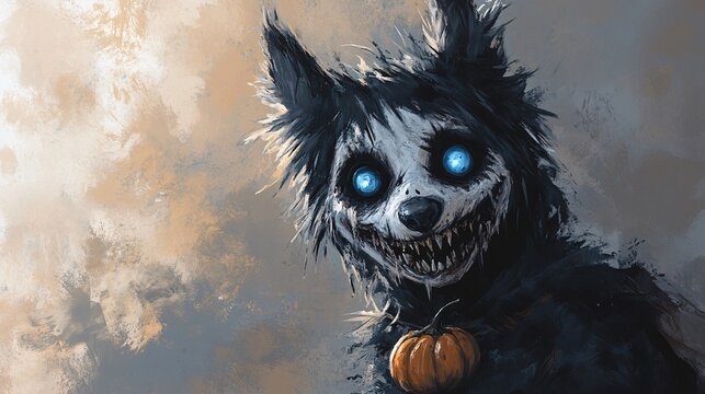 a zombie dog holding a little halloween pumpkin