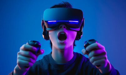 Young man using VR headset and controller, excited and focused, blue-purple gradient background