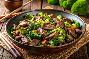 Savory Chinese dish featuring tender beef strips stir-fried with crisp broccoli florets and served steaming hot in a traditional wok-style bowl.