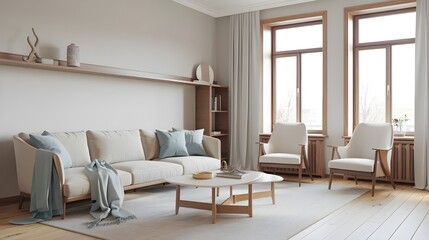 A Scandinavian home interior design of a modern living room with a light wooden floor, a beige sofa with light blue cushions, a few throw pillows and a white coffee table.