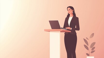 Professional woman presenting at a minimalist workspace with a laptop on a podium during a daytime meeting
