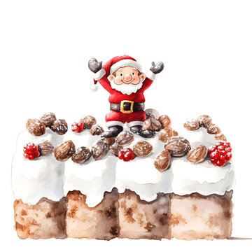 recommend clip art: A super cute cartoon chubby Santa clause Climb up the big Stollen - A German fruit bread filled with marzipan, nuts, and dried fruits, dusted with powdered sugar clipart, watercolor