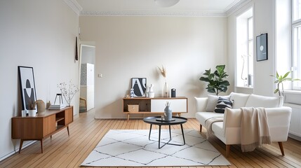 A Scandinavian home interior design of a modern living room, a white sofa with a few cushions, a black coffee table, a wooden TV stand and a potted plants.