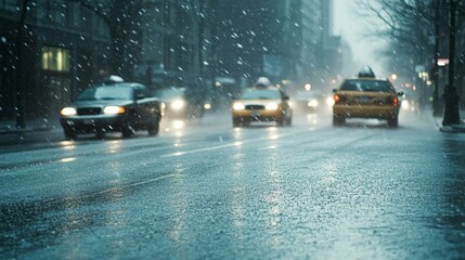 Obraz premium Winter Snowstorm Blurs Taxis on a Busy Urban Street in the City