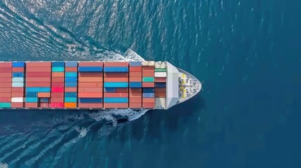 Fototapeta premium This aerial view shows a cargo ship navigating through deep blue waters, loaded with brightly colored containers, highlighting the logistics and shipping industry