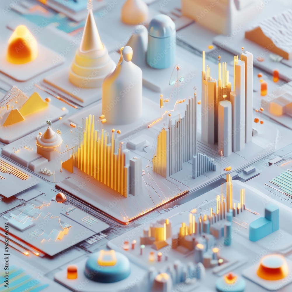 Poster these prompts focus on various styles of 3d financial graphs, incorporating modern and dynamic eleme