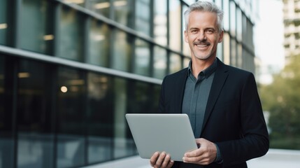 A confident middle-aged businessman wearing a dark suit standing in front of a modern glass office 