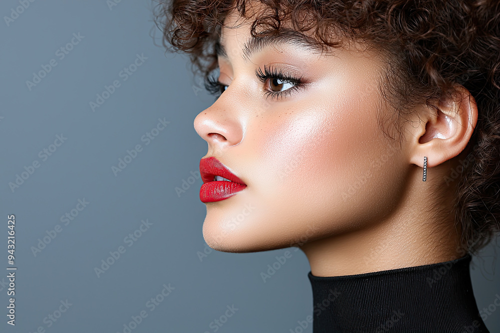 Poster Stylish woman with voluminous curls and striking makeup, 